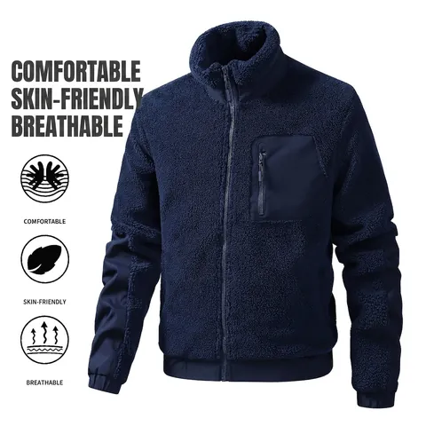 Men Sherpa Fleece Jacket Warm Patchwork Stand Collar Full Zip Outdoor Fall Winter American Vintage Casual Fleece Coat