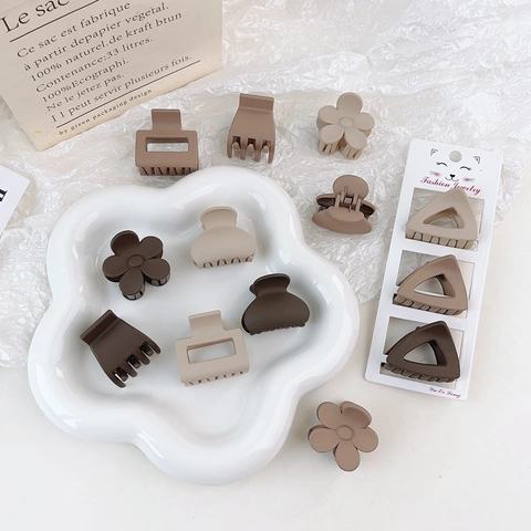 Matte Hair Claw Clips Small Flower Geometric Brown Earth Tones Korean Style Minimalist Barrettes For Women Girls