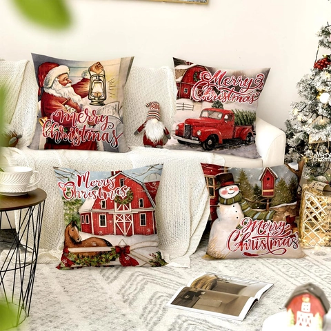 Kerst Kussenhoezen Decoratief Polyester Linnen Voor Bank Couch Feestelijke Kerstman Rode Truck Sneeuwpop Home Decor
