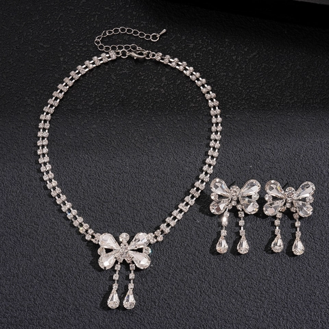 Bowknot Rhinestone Jewelry Set Double Layer Necklace And Earrings With Silver Earring Post Water Drop Tassel Elegant Shiny