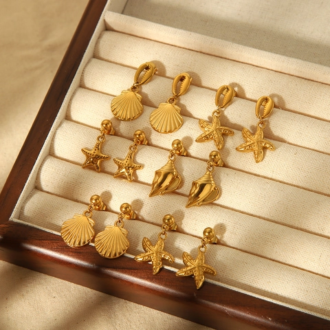 Ocean Starfish Shell Conch Stud Earrings 18K Gold Plated Stainless Steel Fashion Summer Beach Jewelry For Women