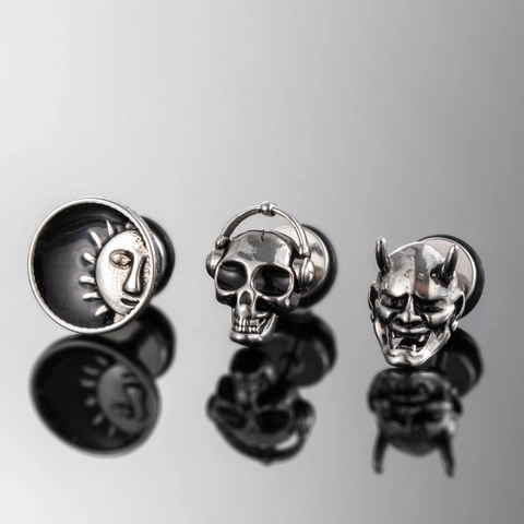 Stainless Steel Stud Earrings Punk Gothic Skull With Headphones Sun Face Hannya Mask Vintage Style Unisex Jewelry