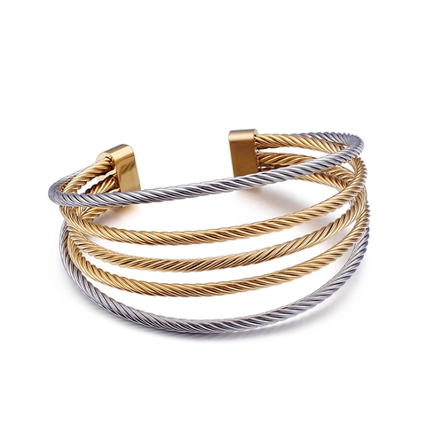 Multi Layered Twisted Cable Cuff Bracelet Stainless Steel Two-Tone Open Bangle Minimalist Fashion Jewelry For Women