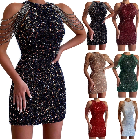 Women Halter Neck Off Shoulder Sequin Dress Sexy Bodycon Mini Dress With Tassel Chain Embellishment Party Banquet Dress