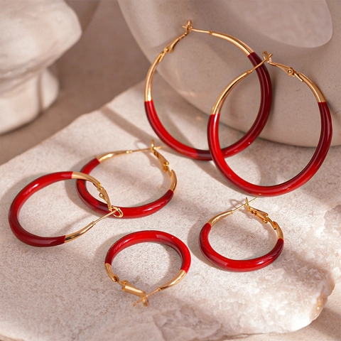 Pendientes De Aro Para Mujer Vintage Redondo Geométrico Esmalte Cobre Con 925 Sterling Silver Earring Post Retro Rojo Oro