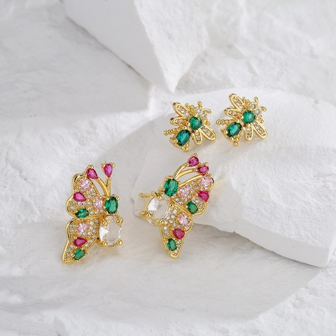 Boucles Doreilles Puces Papillon Abeille Zircon Colore Cuivre Plaque Or 18K Micro Pave Strass Style INS Pour Femmes