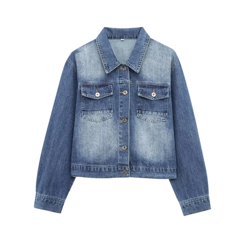 Women Vintage Washed Denim Set Retro Long Sleeve Lapel Jacket And High Waist Wide Leg Distressed Jeans Streetwear Casual Outfit
