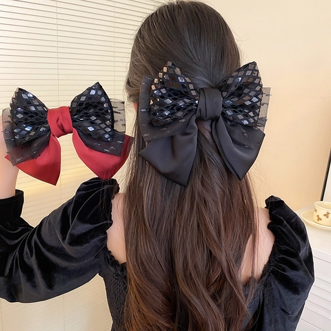 Molletta Per Capelli Con Fiocco Grande Vintage Satèn Pizzo Mesh Paillettes Fermaglio Elegante Accessorio Per Donne