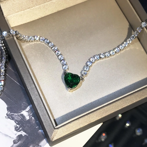 Heart Shaped Green Gemstone Pendant Necklace Copper With Round White Zircon Tennis Chain Elegant Choker For Women