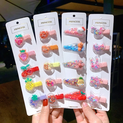 Kids Hair Clips Quicksand Sequins Transparent Acrylic Cartoon Fruit Animal Snap BB Pin Fabric Wrapped For Girls Baby