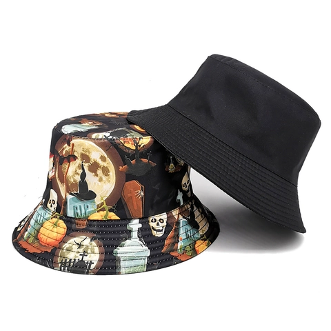 Halloween Double Sided Bucket Hat For Men Women Polyester Sun Protection Foldable Fisherman Hat Pumpkin Skull Print Outdoor Travel Basin Hat