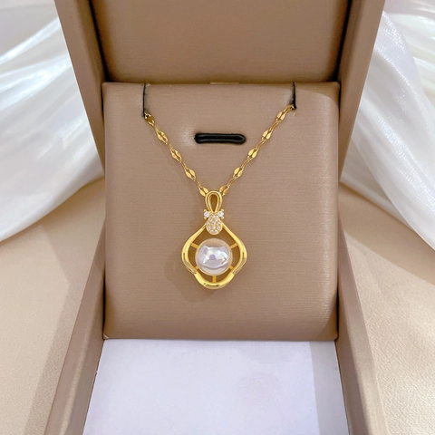 Gold Pendant Necklace Gourd Design Titanium Steel Chain Copper Pendant With Artificial Pearl And Zircon Elegant Jewelry For Women