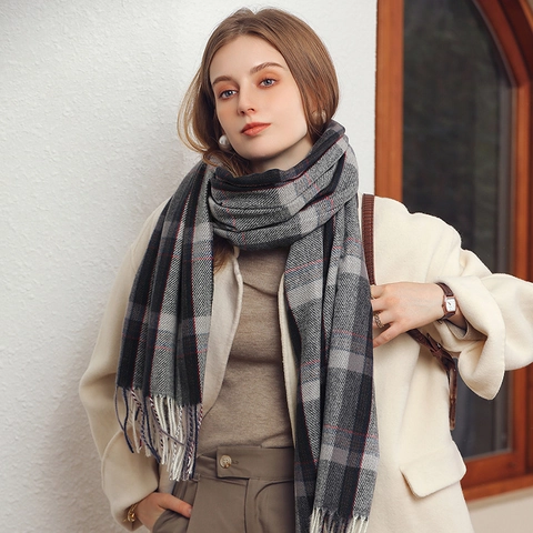 Imitation Cashmere Scarf Color Block Plaid Shawl With Tassels Soft Warm Winter Wraps For Women Fashionable Elegant