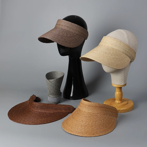 Chapeau Visière Solaire En Paille De Raphia Femme Large Bord Réglable Pliable Été Plage Voyage Calotte Ouverte