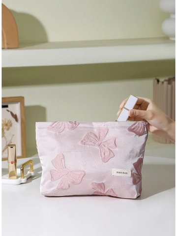 Trousse Maquillage Jacquard Nœud Coton Sac Cosmétique Organisateur Toilette Portable Fermeture Éclair Voyage Rangement Femmes