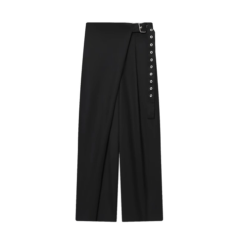 High Waist Weite Hose Polyester Gewebt Wickeldesign Gürtelschnalle Silberne Ösen Casual Mode Für Damen