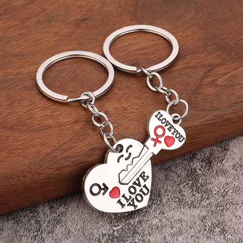Heart And Key Shape Couple Keychains Zinc Alloy I Love You Engraved Red Enamel Gender Symbols Romantic Lovers Gift