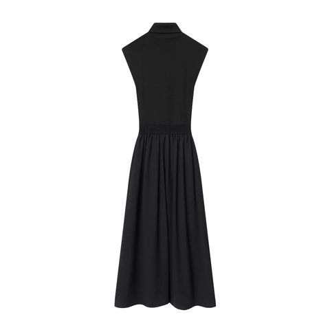 Dames Mouwloze Maxi-Jurk Met Col Ribgebreid Patchwork Taille Met Trekkoord Elegant Zwart Casual