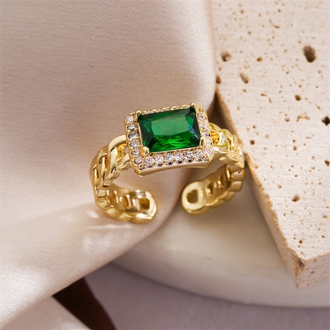 Vintage Kupfer Offener Verstellbarer Ring Rechteckiger Zirkon Goldener Kubanische Kette Band Trendige Mode