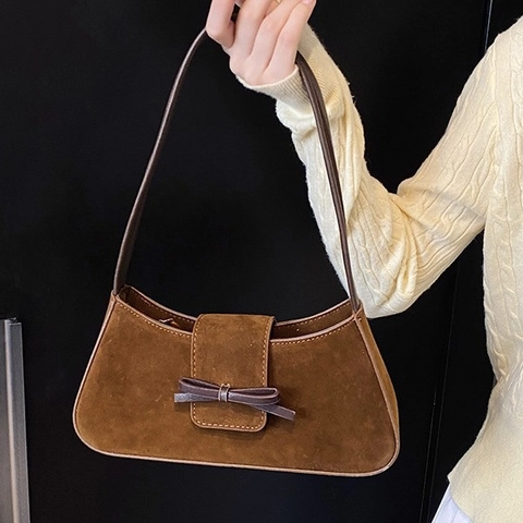 Bolso De Axila Para Mujer Textura De Gamuza Con Lazo Elegante Color Sólido PU Bolso De Hombro Accesorio Moda