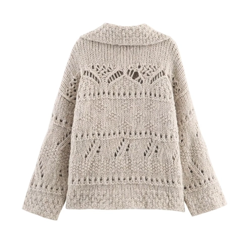 Cardigan In Maglia Grossa Da Donna Retro Traforato A Maniche Lunghe Risvolto Monopetto Maglione Top