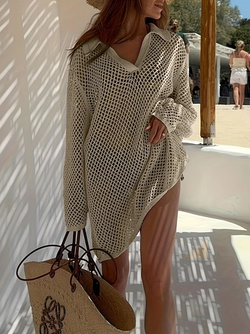 Women Crochet Beach Cover Up Hollow Out Knit Long Sleeve V Neck Loose Summer Vacation Pullover Top