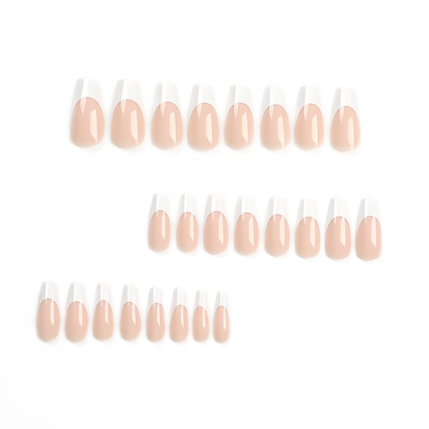 Unghie Finte French Tip Forma A Bara Lunga Base Rosa Punta Bianca Lucida Con Colla Per Donna Stile Semplice Elegante