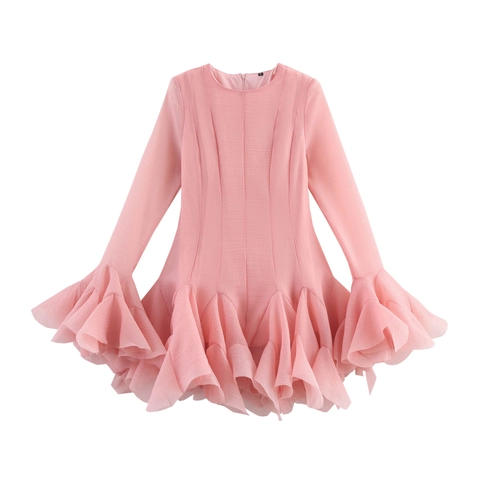 Vestito Midi da Donna Elegante con Volant a Strati Girocollo Manica Lunga Tinta Unita Struttura in Chiffon per Festa