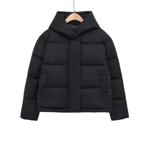 Women's Hooded Puffer Jacket Quilted Padded Winter Coat Warm Polyester Solid Color Zip Up Outerwear For Ladies