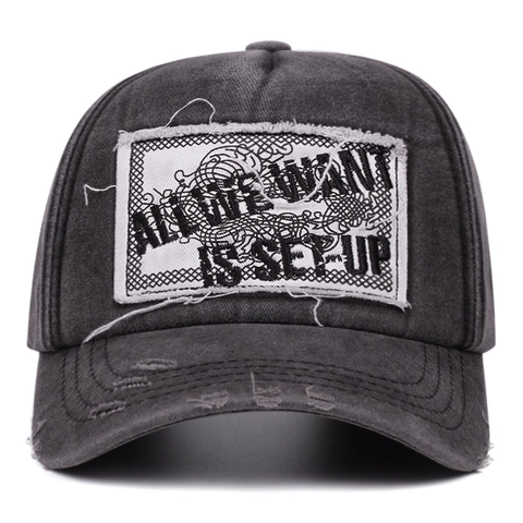 Retro Gewaschene Baumwolle Baseballkappe Distressed Fransenrand Buchstaben Patch Verstellbarer Sonnenhut Unisex Streetwear Mode