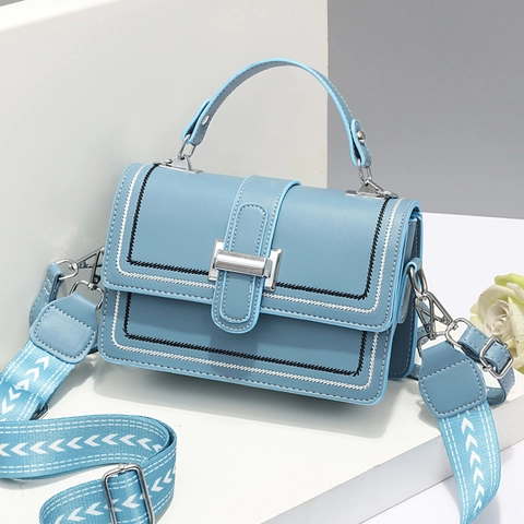 PU Leather Crossbody Bag For Women Trendy Small Square Handbag With Wide Webbing Strap Contrast Stitching Metal Clasp