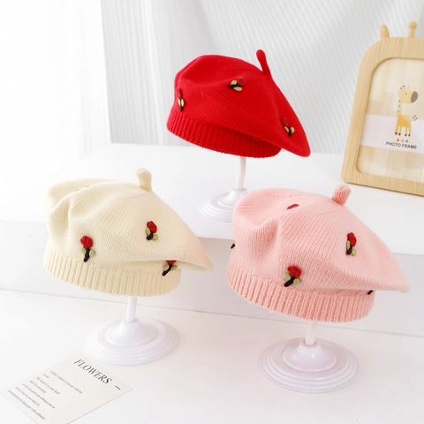 Béret Tricoté pour Bébés Enfants Automne Hiver Chaud Chapeau de Peintre en Acrylique Avec Broderie de Fleurs Perles Cœur pour Filles Garçons
