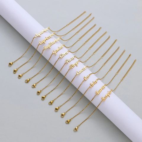 Twelve Zodiac Constellation Bracelet Stainless Steel Letter Name Pendant Dainty Adjustable Chain Jewelry For Women Men