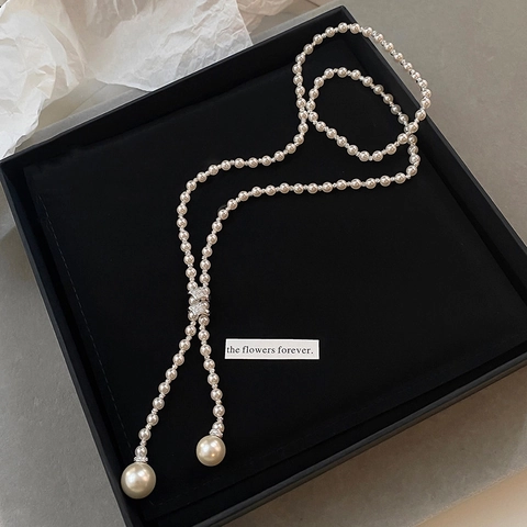Lange Y-Lariat Künstliche Perlenkette Für Damen Legierung Zirkon Geometrischer Verschluss Vintage Elegante Pulloverkette Schmuck