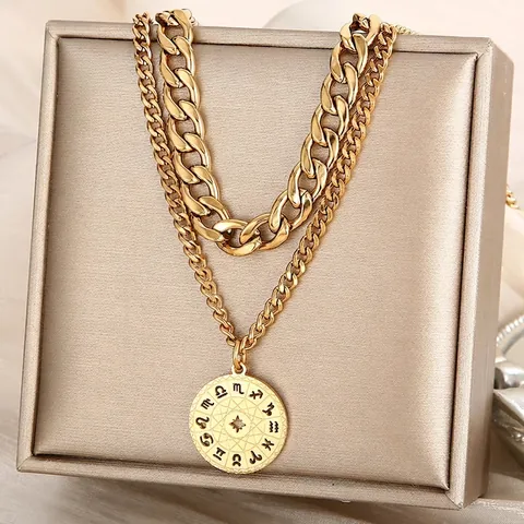 Layered Stainless Steel Necklace With Zodiac Signs Pendant Vintage Cuban Chain For Women