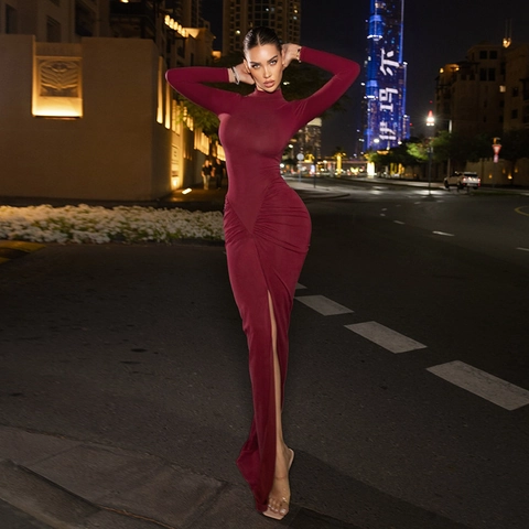 Damen Langarm Stehkragen Geripptes Maxi Kleid Schmale Passform Hoher Schlitz Elegant Sexy Strick Abendparty Kleid