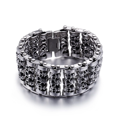 Men Stainless Steel Skull Bracelet Heavy Duty Punk Gothic Biker Rock Jewelry Antique Silver Color Finish Retro Style