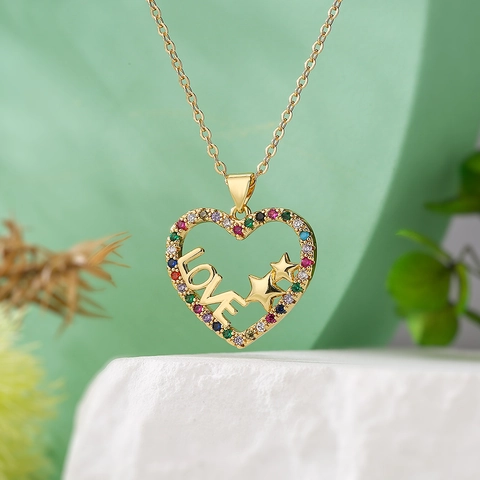 Heart Pendant Necklace Gold Plated Copper LOVE Star Zircon Sparkling Hollow Niche Commuting Jewelry For Women