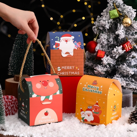 Weihnachtsgeschenkschachteln Papier Tragbar Griff Süßigkeiten Apfel Verpackung Cartoon Weihnachtsmann Rentier Festlich