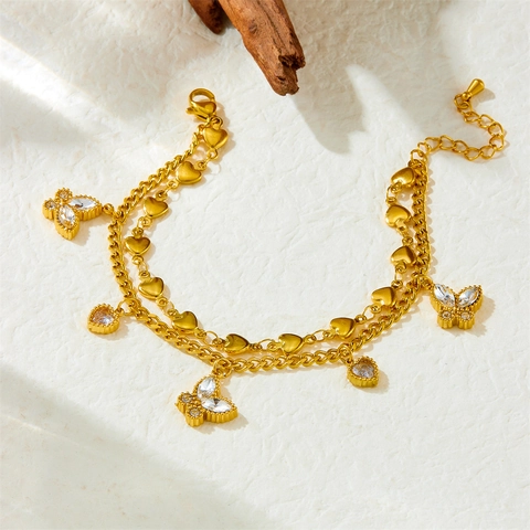 Double Layer Stainless Steel Bracelet With Butterfly And Heart Rhinestone Pendants Adjustable Elegant Jewelry For Women