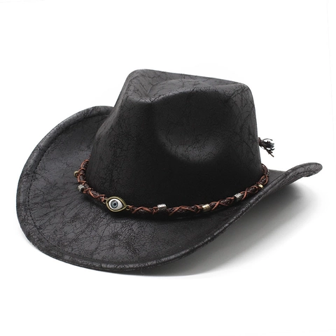 Western Cowboyhoed Vintage Imitatieleer Gecraqueleerde Textuur Evil Eye Gevlochten Band Brede Rand Jazz Pet Unisex