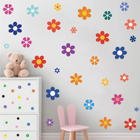Autocollants Muraux Fleurs Colorées PVC Auto-Adhésif Tournesol Rétro Décor Pour Chambre Enfant Crèche Maison