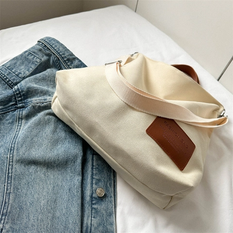 Large Capacity Canvas Tote Bag Contrast PU Leather Handles Women Shoulder Crossbody Bag Casual Handbag Niche Fashion