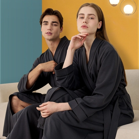 Waffle Weave Bathrobe Absorbent Long Sleeve Kimono V-Neck Sleepwear Loungewear For Couples Men Women Spa Hotel House Robe