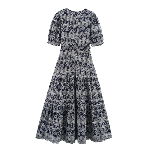 Robe Longue Élégante À Col En V Broderie Anglaise Bleu Marine Manches Bouffantes Ligne A Style Ethnique Vacances