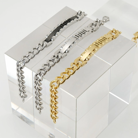 Pulsera De Cadena De Eslabones Cubanos Acero Inoxidable Chapado En Oro 18K Placa ID Joyería Unisex