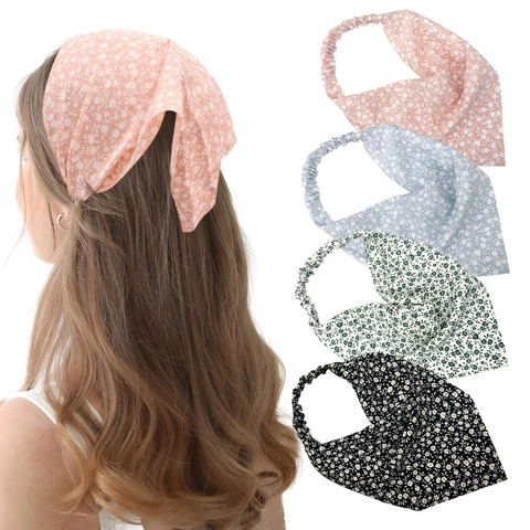 Floral Print Triangle Headscarf Chiffon Fabric Elastic Hair Band Sweet Pastoral Style Headwear For Women Girls