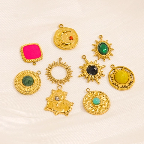 Vintage DIY Pendants Charms Stainless Steel Natural Stone Agate Malachite Jewelry Making Gold Plated Celestial Geometric