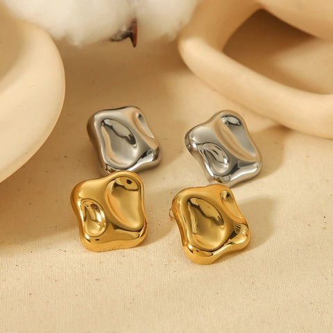 Irregular Square Stud Earrings Titanium Steel 18K Gold Plated Hammered Texture Liquid Metal Look Vintage Minimalist