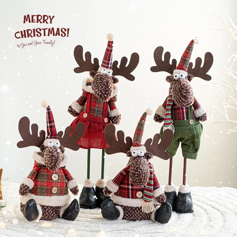 Christmas Reindeer Plush Doll Festive Ornament Plaid Fabric Standing Sitting Elk Figurine Home Holiday Decoration